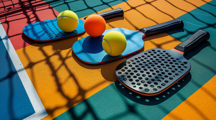 A close-up shot of pickleball paddles and balls on a colorful court, ready for play, showcasing the equipment and setup for a game of pickleball
