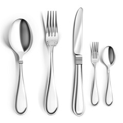 3d realistic cutlery set with table knife, spoon, fork, tea spoon and fish spoon.