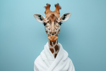 Giraffe in a white bathrobe with a relaxed expression on a blue background. - obrazy, fototapety, plakaty