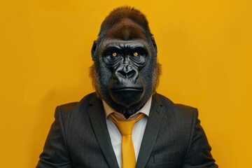 Gorilla in a business suit and black tie on a yellow background.