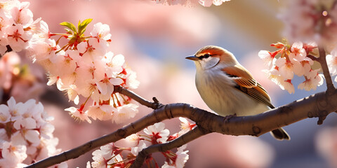 Photo of a yellow finch sitting on a branch of a light pink plum blossom tree with blured background
 - obrazy, fototapety, plakaty