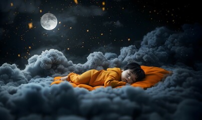View of 3d person sleeping in clouds, little boy sleeping in the clouds