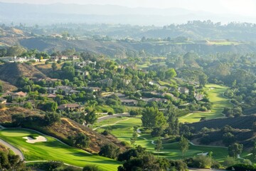 An upscale gated community nestled in the rolling hills, offering panoramic views, spacious estates, and exclusive amenities such as golf courses and country clubs, Generative AI