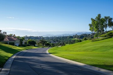 An upscale gated community nestled in the rolling hills, offering panoramic views, spacious estates, and exclusive amenities such as golf courses and country clubs, Generative AI