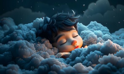 View of 3d person sleeping in clouds, little boy sleeping in the clouds