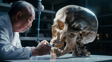 Paleontologist studies ancient giant skull - obrazy, fototapety, plakaty