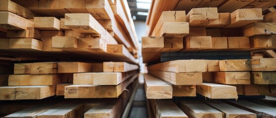Wooden beams stacked in the warehouse closeup - obrazy, fototapety, plakaty