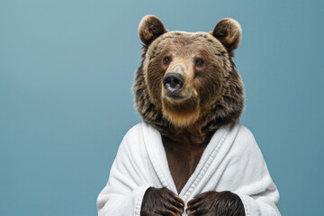 Grizzly bear in a white bathrobe with a relaxed look on a blue background. - obrazy, fototapety, plakaty