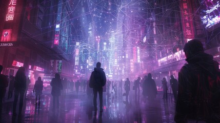 Fototapeta na wymiar Neon Cyberpunk Cityscape: Network of Connected Minds