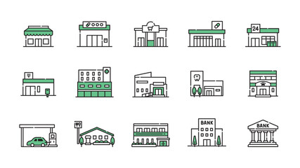 店　店舗　ビル　建物　アイコン　セット