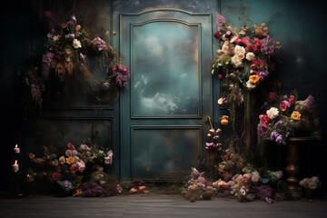 Maternity backdrop, wedding backdrop, photography background with delicate flowers and vintage door.