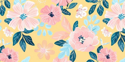 pink and blue flowers with flowery designs on a yellow background