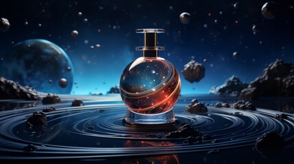 Artistic 3D visualization of a perfume bottle on a flat, surreal cosmic background,