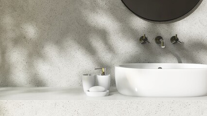 Vanity counter with gray terrazzo countertop, modern oval white washbasin in sunlight on bathroom...
