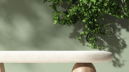 Modern, cute blank cream table podium, tree in sunlight, leaf shadow on green wall for minimal...