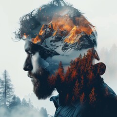 a person with mountains in impressive double exposure image - obrazy, fototapety, plakaty