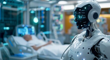 AI system in hospital, analyzing patient data, diagnosing diseases, real-time, revolutionizing patient care, medical data analysis, humanoid robot, sovereign AI, without human doctors - obrazy, fototapety, plakaty