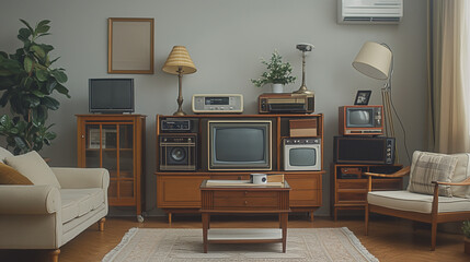 Old fashioned vintage retro design room with retro tv. Abstract illustration