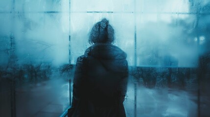 Mysterious figure behind fogged glass, inducing uncertainty - obrazy, fototapety, plakaty