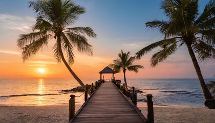 Wooden pier on tropical beach with palm trees and blue sky during sunset,red and yellow light - Powered by Adobe