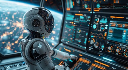 Military AI robots analyze global data to detect and neutralize threats in real-time, enhancing cyber defense - obrazy, fototapety, plakaty