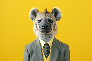 Hyena in a business suit and black tie on a yellow background. - obrazy, fototapety, plakaty