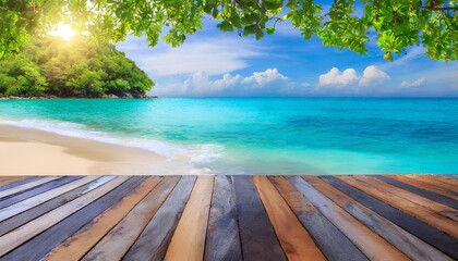 Tropical Sunny beach with wooden floor and the turquoise sea on Paradise island.