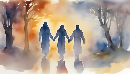 Watercolor painting of people holding hands with Jesus Christ. - obrazy, fototapety, plakaty