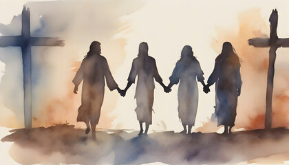 Watercolor painting of people holding hands with Jesus Christ. - obrazy, fototapety, plakaty