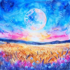 Obraz na płótnie Canvas Dramatic moonrise over a golden wheat field, symbolizing agricultural stocks soaring