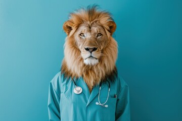 Lion head on a human body in a doctor's uniform against a blue background. - obrazy, fototapety, plakaty