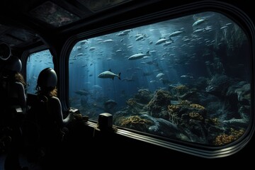 Underwater Wildlife Observation: Crew observing underwater wildlife through windows.