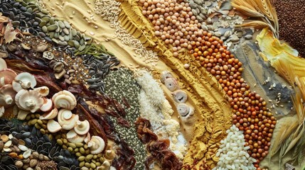 A collage of various organic materials such as seeds plants and animal fat arranged in an artistic manner to represent the diverse sources used in creating biodiesel. .