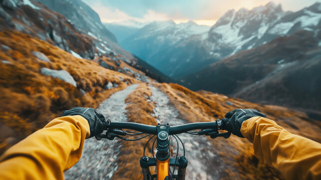 Rider driving bicycle in the mountains