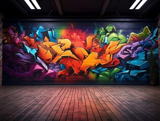 A cement wall which has plenty of colorful graffiti style art texts on the surface of the wall, displaying in an empty room with some bright light. Generative AI.