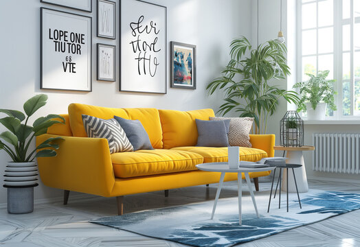 Vibrant yellow sofa against white wall with posters. Scandinavian home interior design of modern living room