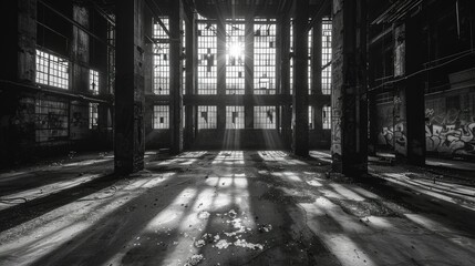 Mysterious shadows cast across an abandoned factory
