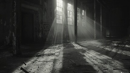 Mysterious shadows cast across an abandoned factory