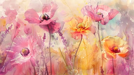 Soft watercolor washes blending pinks, yellows, and lavenders, evoking the gentle allure of spring flowers.  - obrazy, fototapety, plakaty