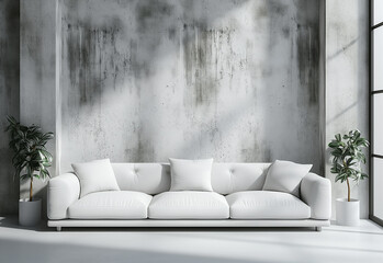 White sofa against concrete paneling wall. Minimalist, loft urban home interior design of modern living room

