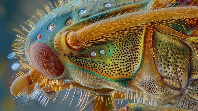 The segmented jointed structure of an insects maxillae and labium can be seen in this magnified image with tiny muscles and bristles
