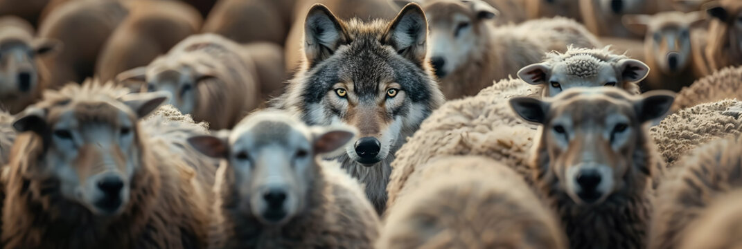 A cunning wolf blends in with sheep representing individuality amidst conformity or concealed threats. Concept Identity, Individuality, Deception, Survival, Blending In