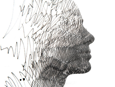 A Woman's profile merged with graphical abstract pattern in paintography