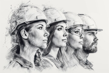 Pencil sketch art of diverse workers in different uniforms