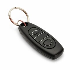 A black car key fob with buttons lies on a pure white background, symbolizing vehicle security and convenience.