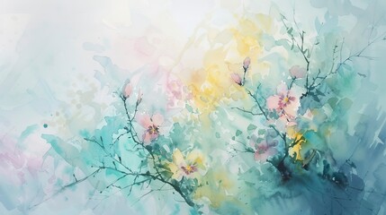 Obraz na płótnie Canvas Abstract splashes of watercolor in pastel tones, capturing the soft and refreshing palette of spring landscapes. 