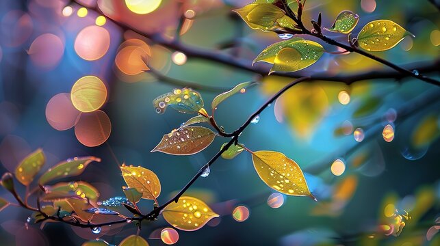 Glittering abstract lights in dewdrop hues, suggesting the morning dew on new leaves and petals. 
