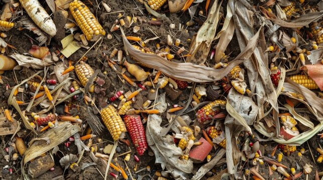 A pile of raw materials such as crop residues and food waste that are commonly used to produce biofuels. This image conveys the diversity of sources from which biofuels are derived .
