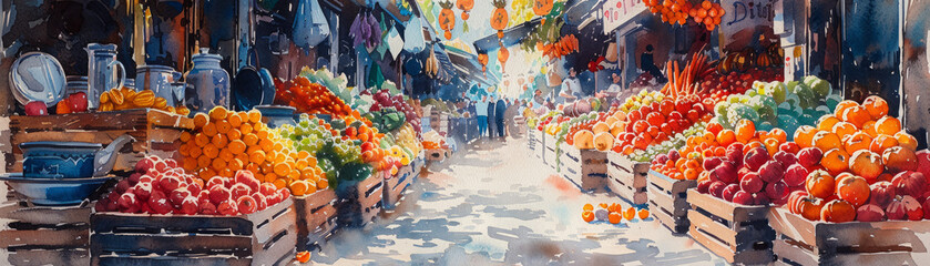 Fruit and vegetable market In Asia, people shop warmly. - obrazy, fototapety, plakaty