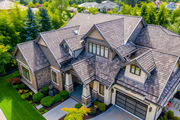 High-Quality Earthy Brown Shingles on a Tranquil Suburban Home Surrounded by Greenery Against a Light Blue Sky